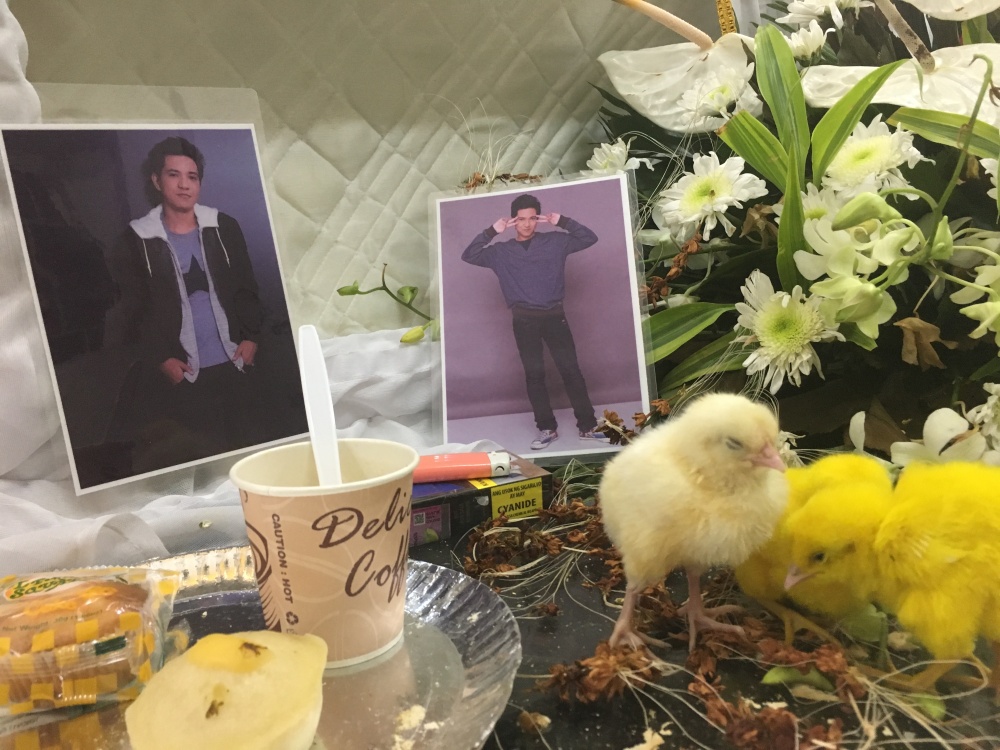 It has been a Filipino custom for families seeking for justice to put chicks at the casket of their departed loved one. 